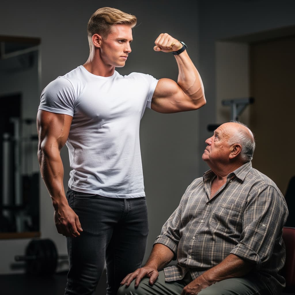 AI generated: high-resolution photo extremely muscular male bodybuilder, handsome 20-year-old man with light blond...