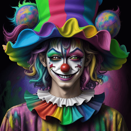 AI generated: Mistic clown with hat in psychedelic mode,hat details, made entirely of professional oil watercolor,...