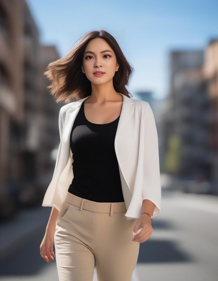 AI generated: A woman with shoulder-length wavy blonde hair, wearing a black tank top, beige sleeveless jacket, an...