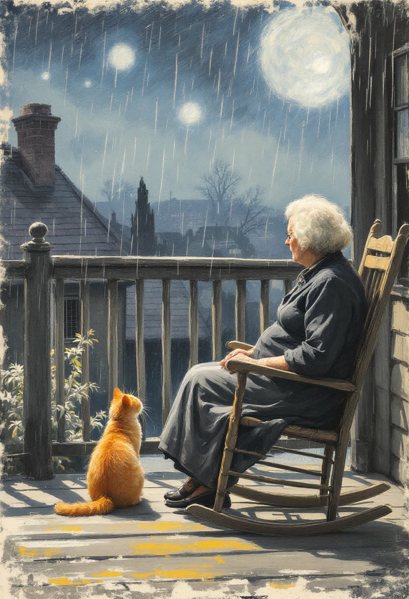 AI generated: Portrait of an old woman sitting in a rocking chair on her porch, looking at the heavy rain hitting ...