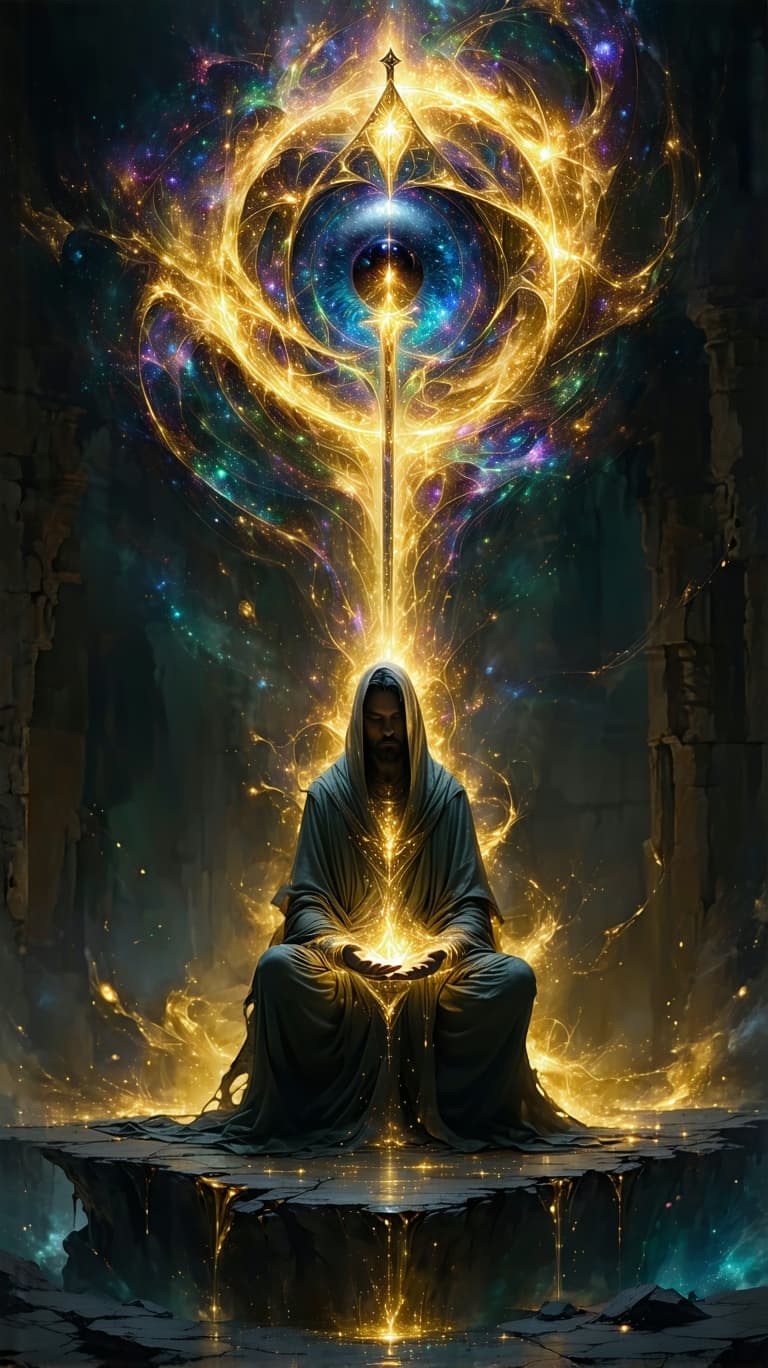 AI generated: 1. The Magician – The Cosmic Alchemist

A mystical figure levitates above a floating obsidian altar,...