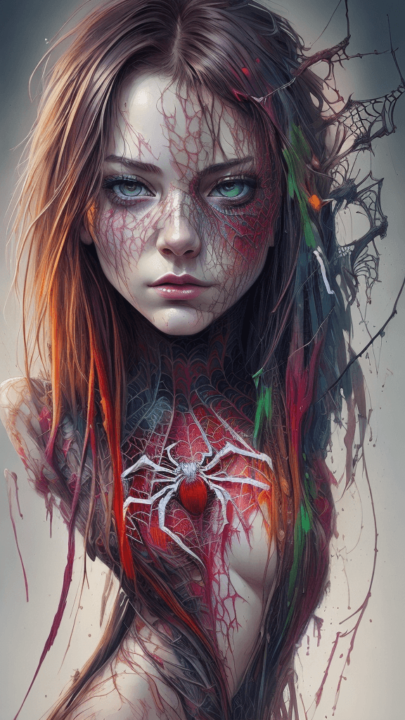 AI generated: Art by Carne Griffiths, Spider-Girl, perfect face, perfect body, Knitting clothes, perfect digital p...
