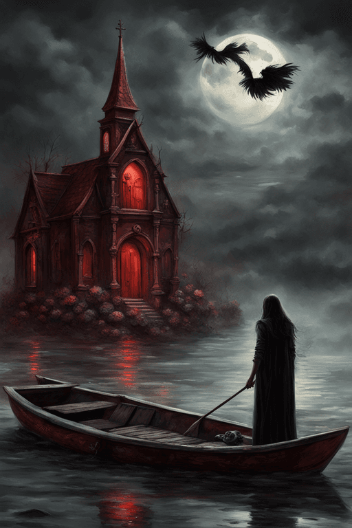 AI generated: Female demon ferryman wearing a cloak of black feathers on a small boat in red water towards a small...