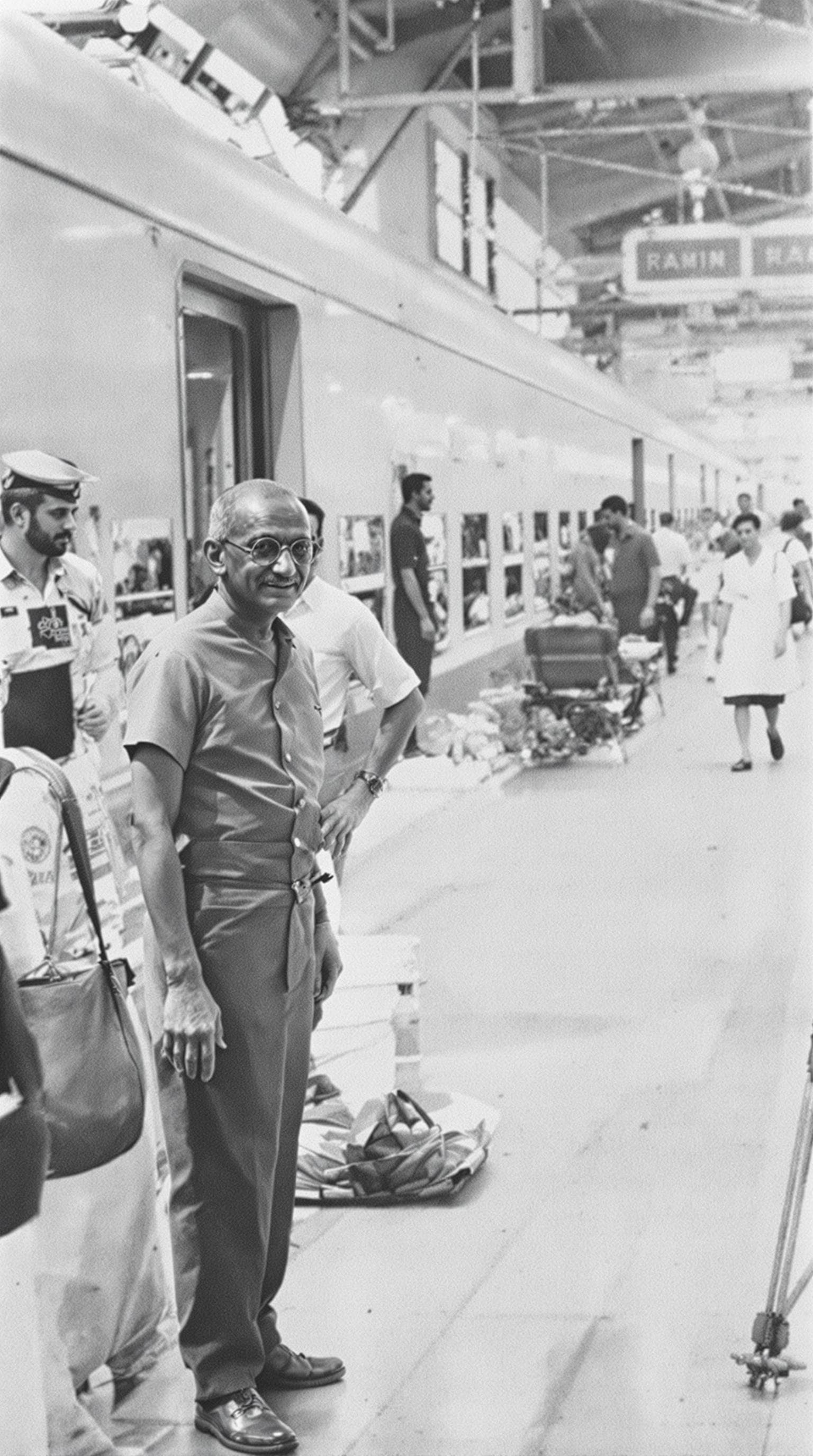 AI generated: Mahatma Gandhi in a railway station, 1964