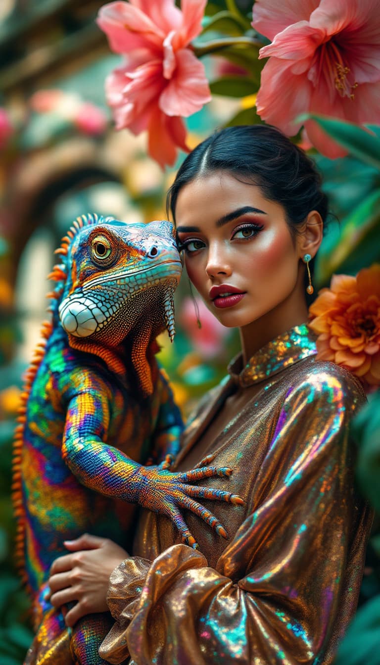 AI generated: a closeup photo of a gorgeous model wearing a shimmering metallic blouse with a huge iridescent rain...
