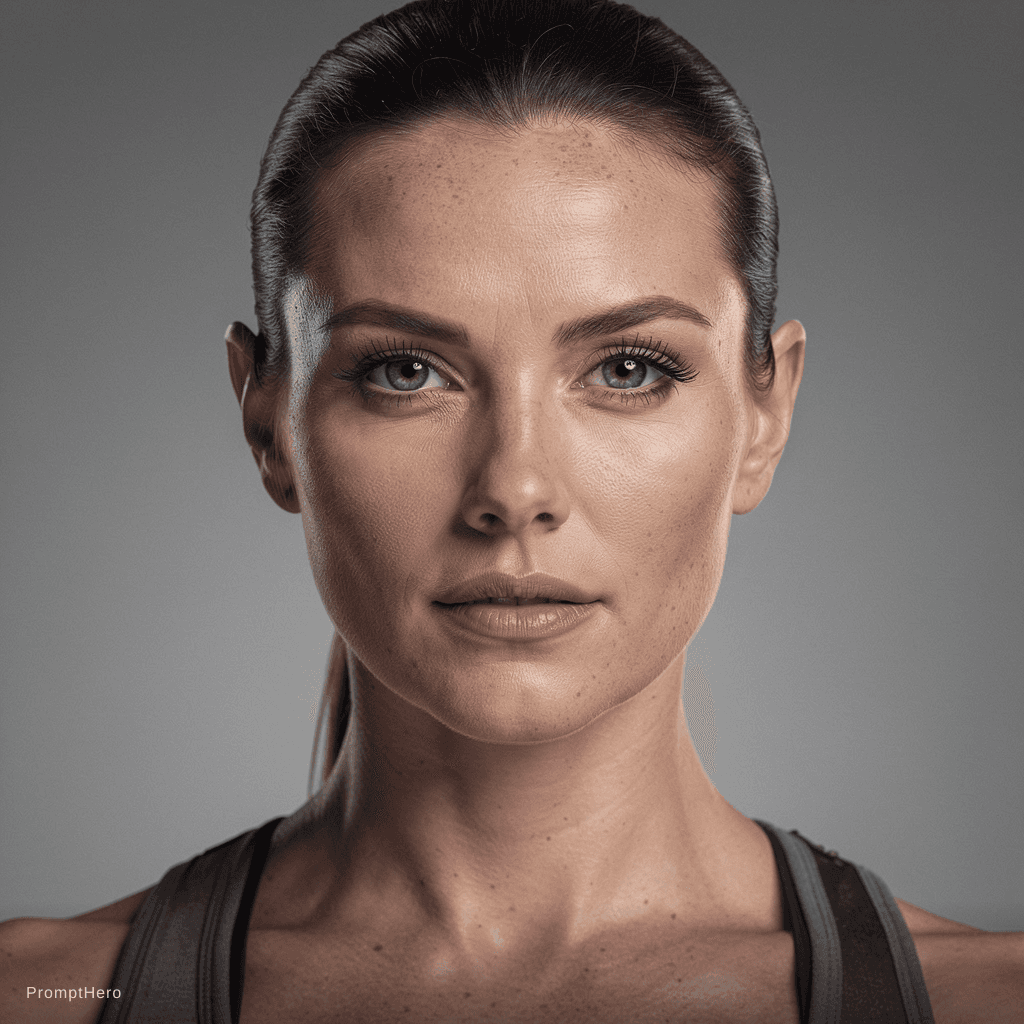 AI generated: hyper-realistic identity anchor portrait of a female action-movie lead (late 20s–early 30s), athleti...