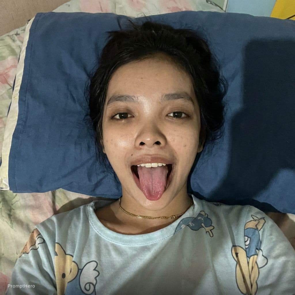 AI generated: "A realistik, top-down selfie of a young Southeast Asian woman with medium-length dark hair, lying d...