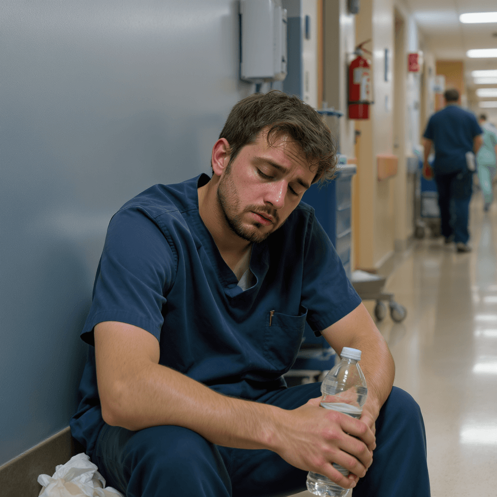 AI generated: A young man, likely a medical professional, sits slumped in a hospital hallway.  Photorealistic.  He...