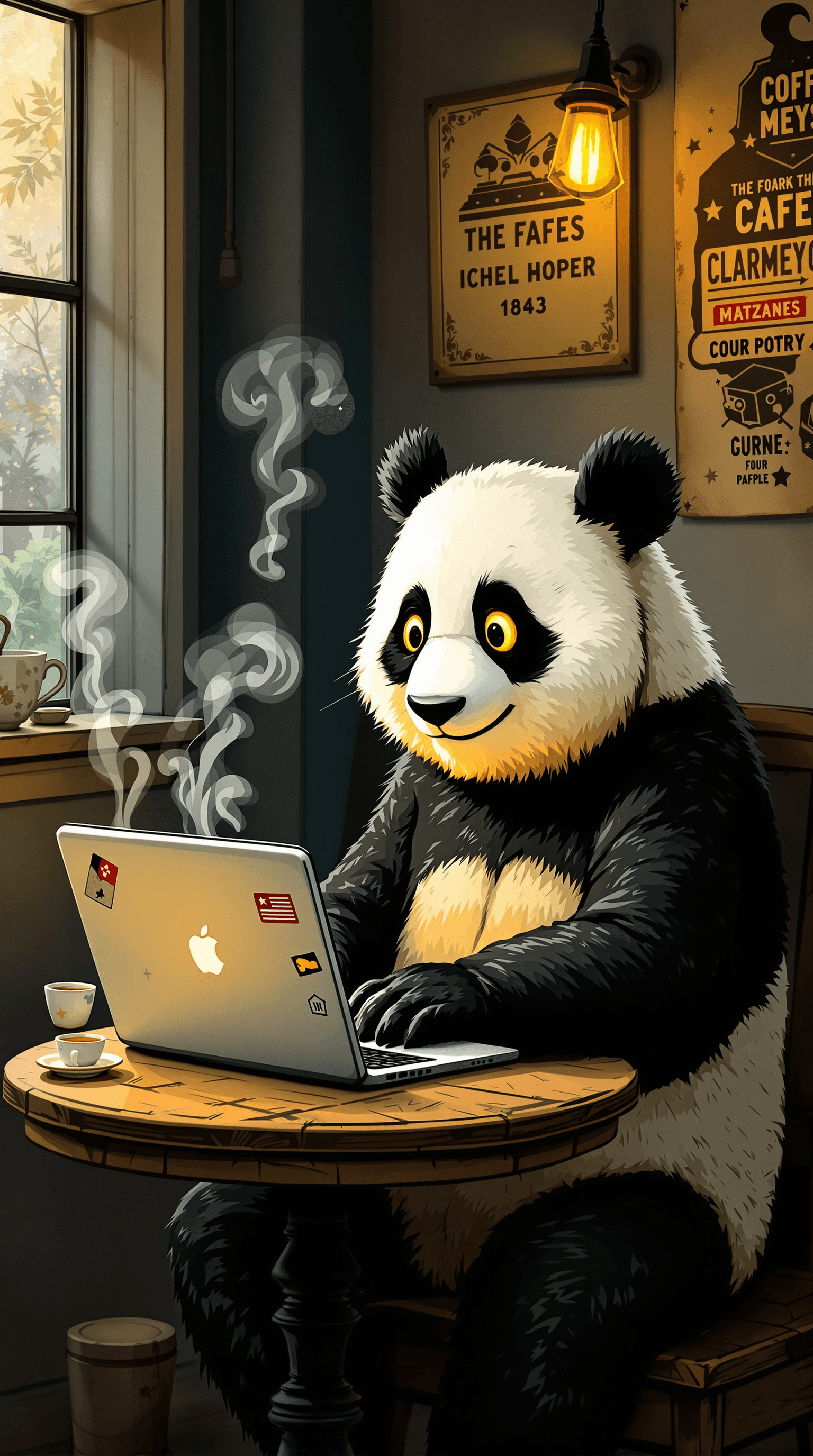 AI generated: A whimsical picture of a panda sitting at a small, rustic wooden table in a cozy, ambient-lit cafete...