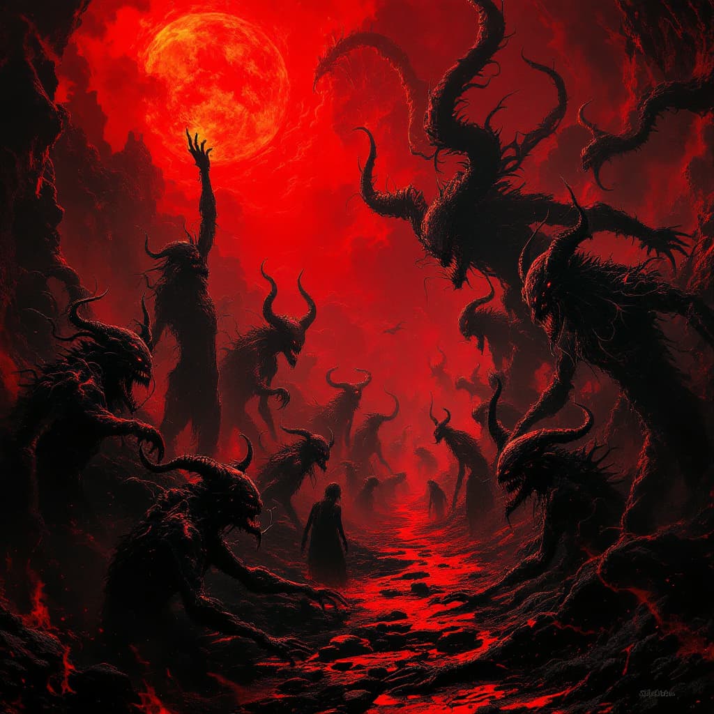 AI generated: Many demons in Hell, red atmosphere, in the style of H.R. Giger --ar 51:64 --v 5.2