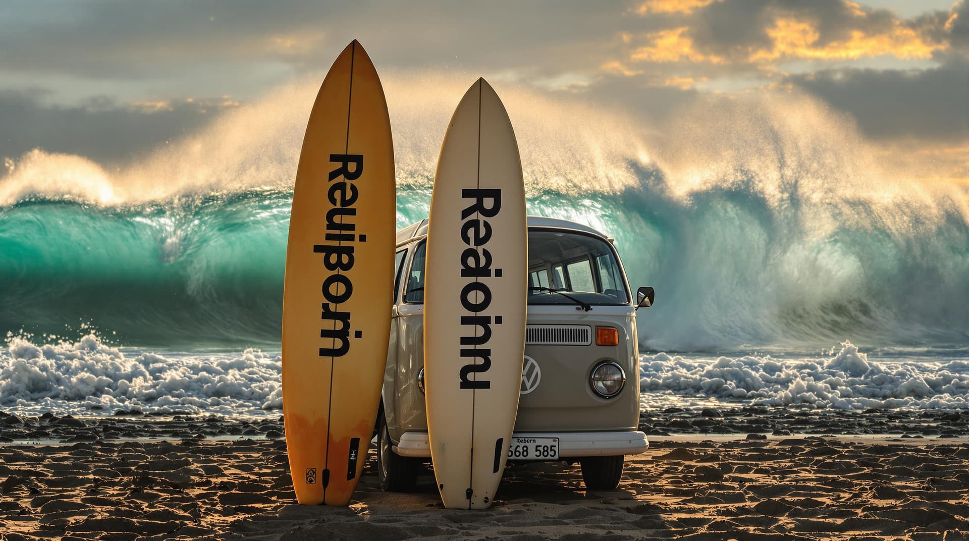 AI generated: A highly detailed distant ,ultra high definition low angle pro photo of a three surfboards standing ...