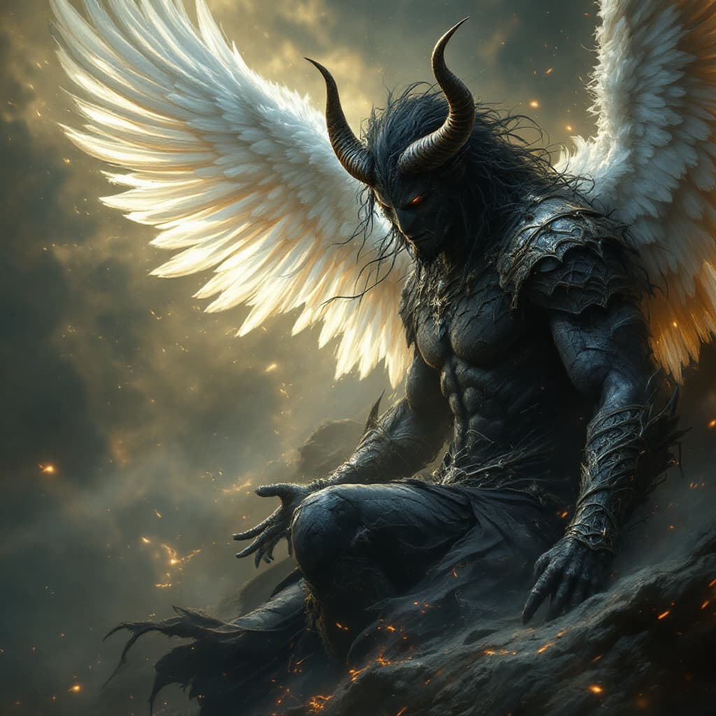 AI generated: Dark warrior with horns turns into an angel