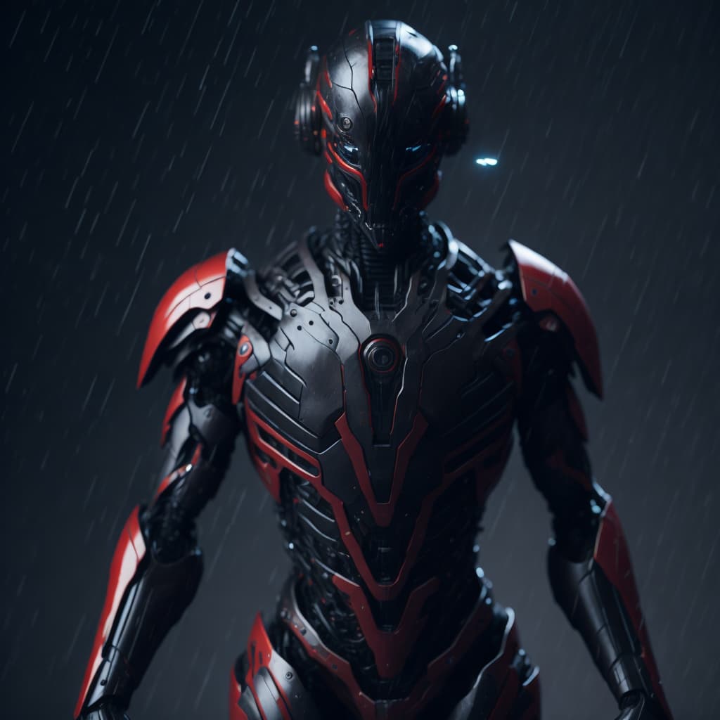 AI generated:  a close-up of a humanoid robot,in suit of armor,design is sleek and modern,red and white accents,gr...