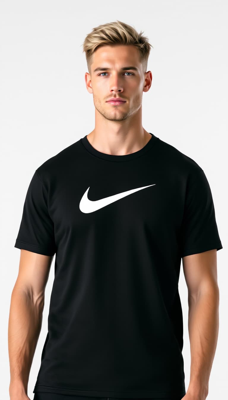 AI generated: Photography, Handsome American blonde white Nike promotional model image. He is wearing a Nike T-shi...