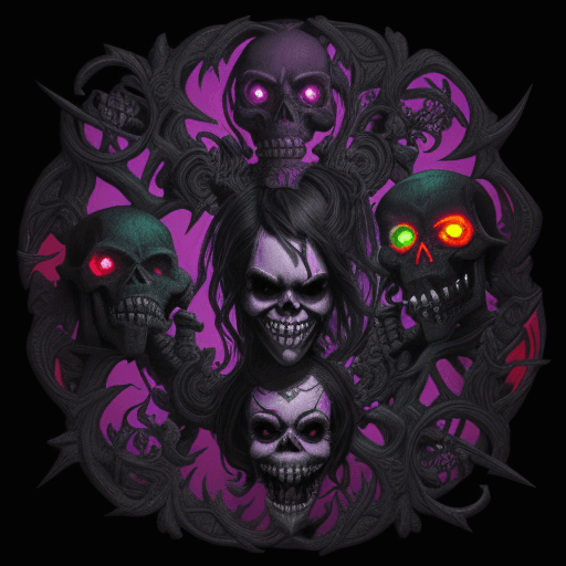 AI generated: Smiling Dark Puppet Fighting Monsters, A Dark Fantasy in Escher's Style, Skull & Bones, Neon Multico...