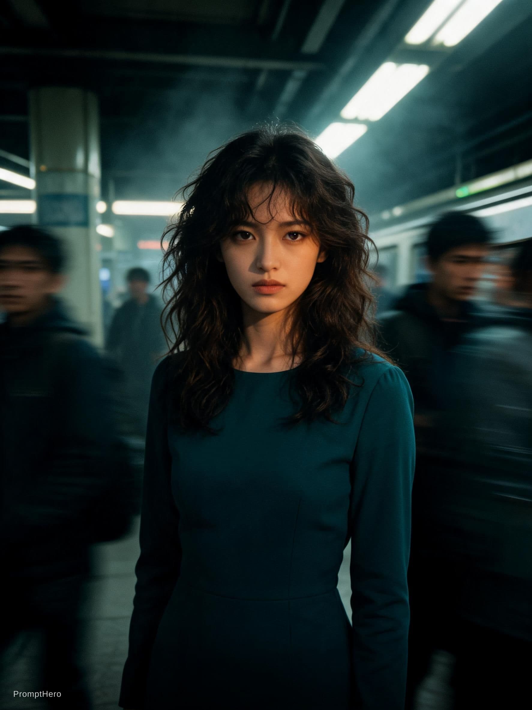 AI generated: Cinematic editorial portrait of a young women in her early twenties standing motionless at the
cente...