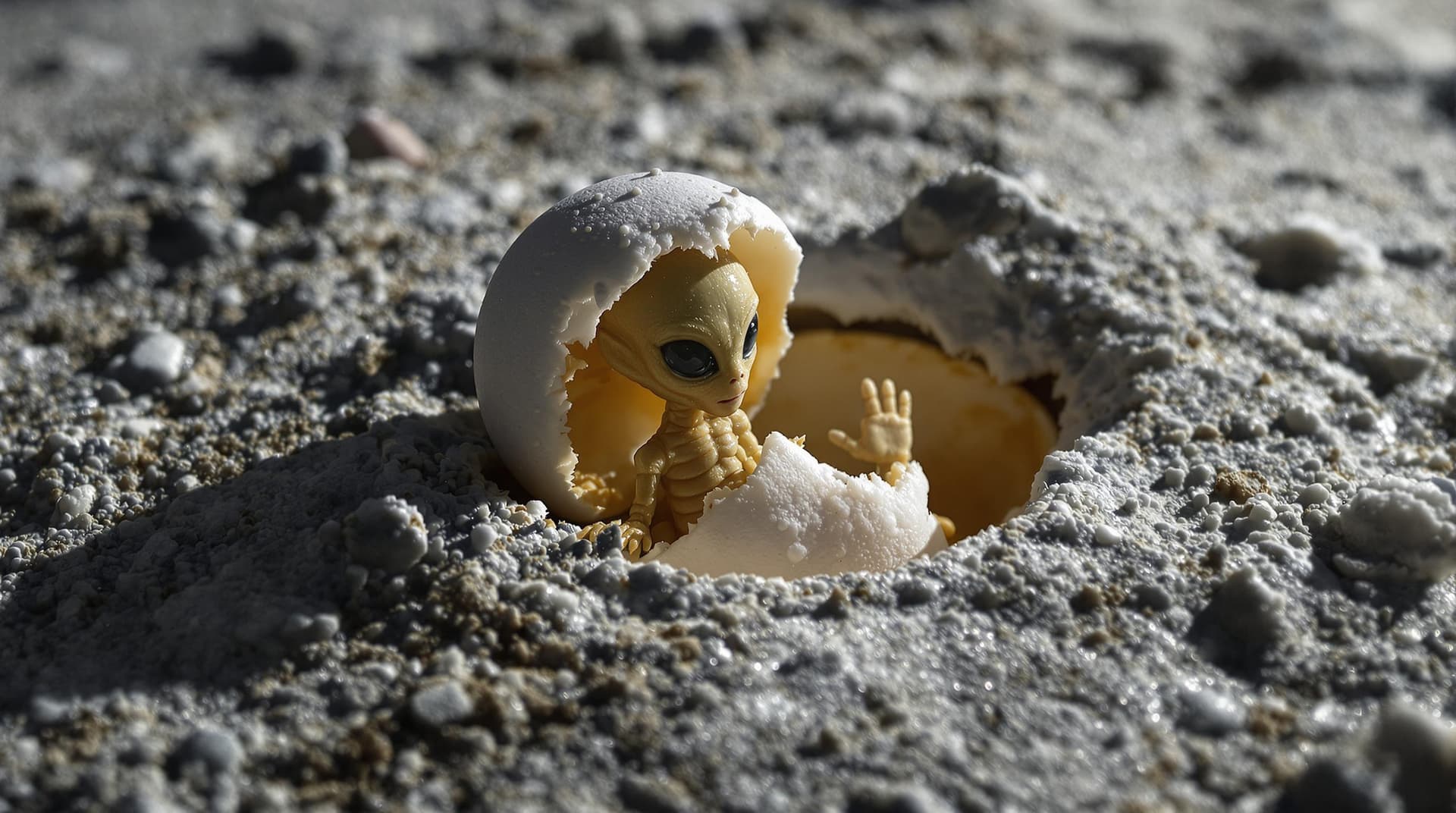 AI generated: a tiny highly realistic alien hatching from an egg on the moon, highly detailed and realistic, close...