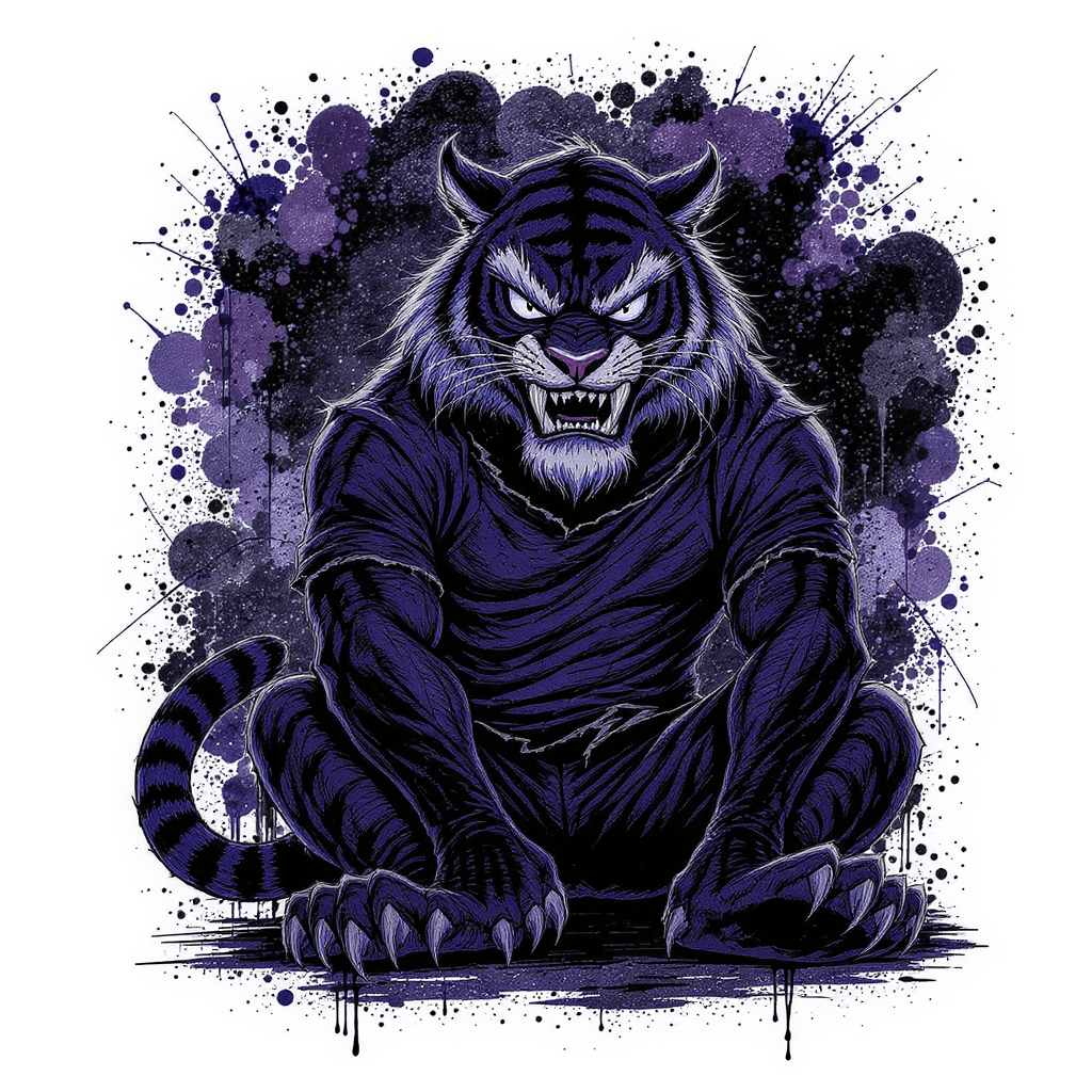 AI generated: Graphic t-shirt design of an evil, aggressive cartoon woolf character sitting down. The tiger has a ...