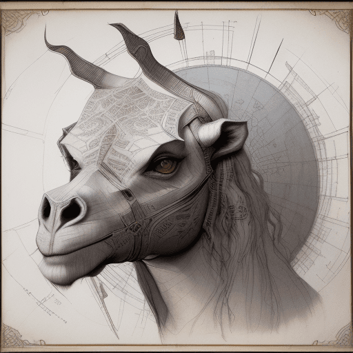 AI generated: leonardo da vinci color intricate full page scan blueprint of concept art dark camel face, with tour...