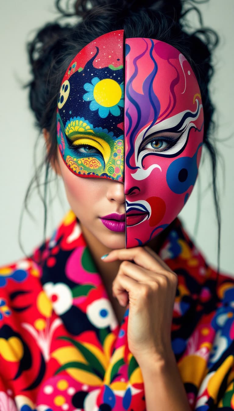 AI generated: 6. A vibrant, close-up portrait of a woman, her face partially obscured by a colorful, hand-painted ...