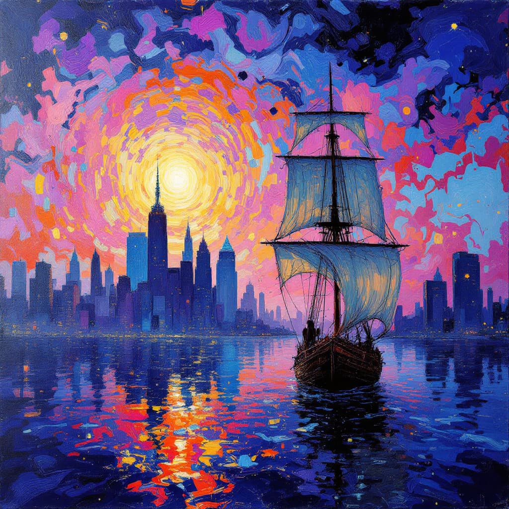 AI generated:  Psychedelic, Surreal. An oil painting with heavy brush strokes. painting of Manhattan as seen from ...