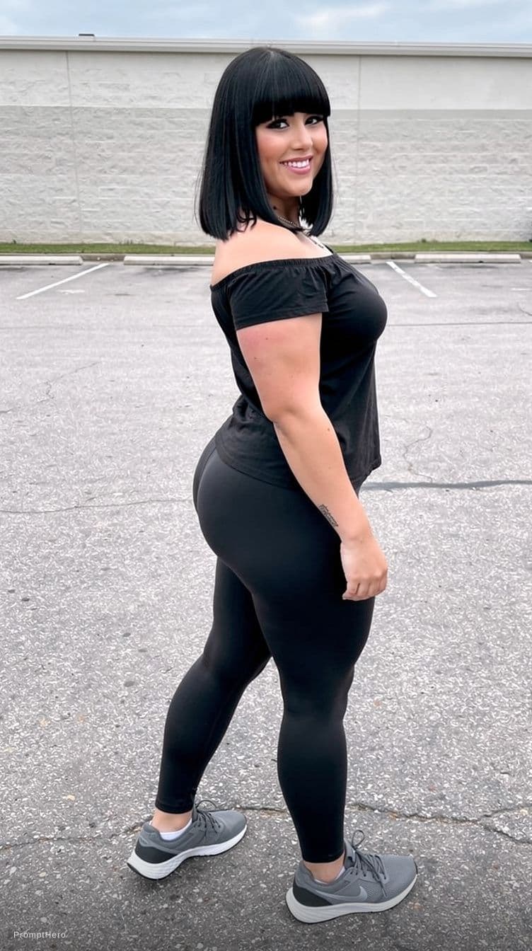 AI generated: Megan fox,thick eyebrows, short black hair with very long bangs,curvy hips, shows big ass, bigger as...