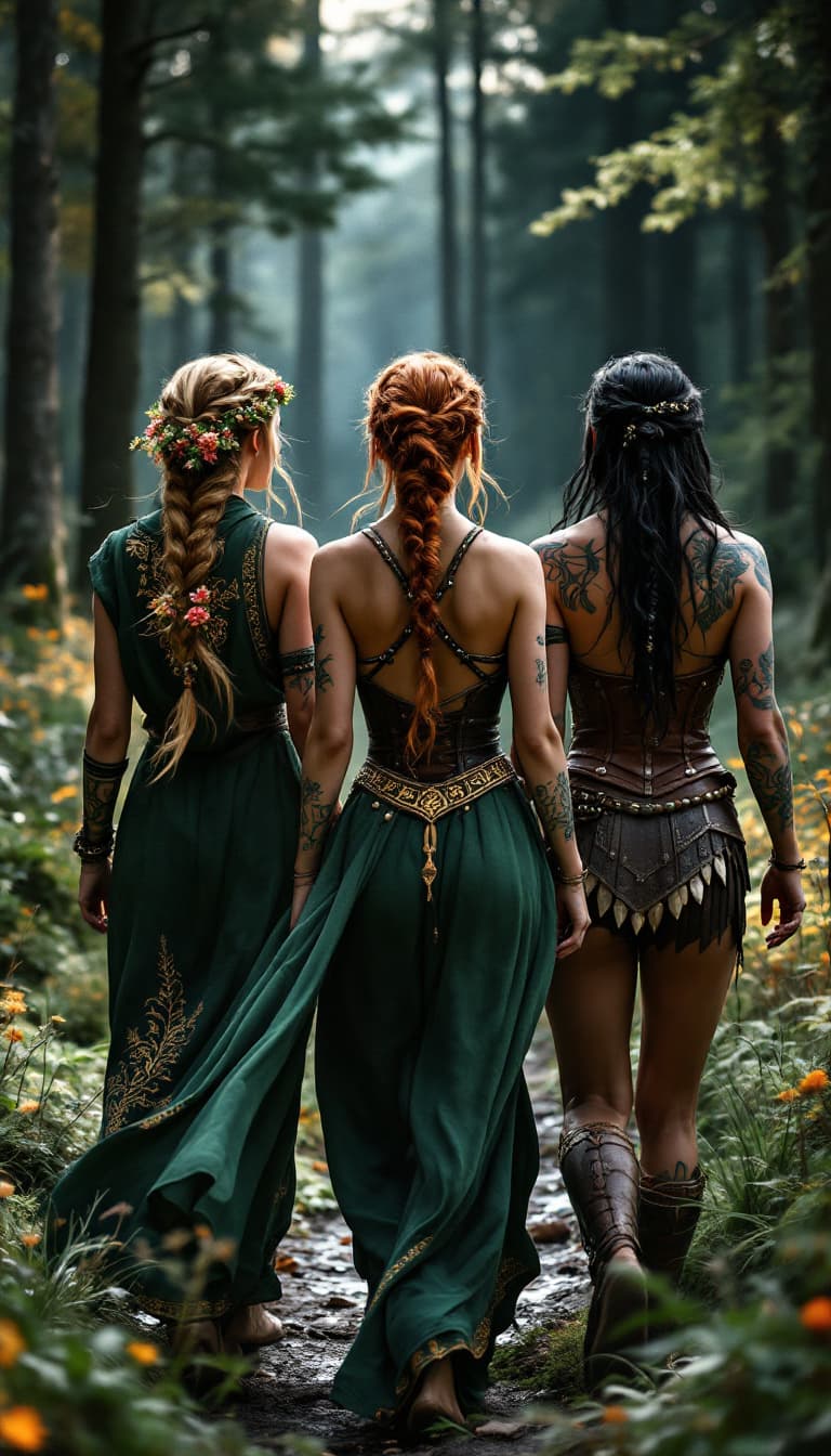 AI generated: A group of Viking women walking through a forest clearing, their beauty and artistry on full display...
