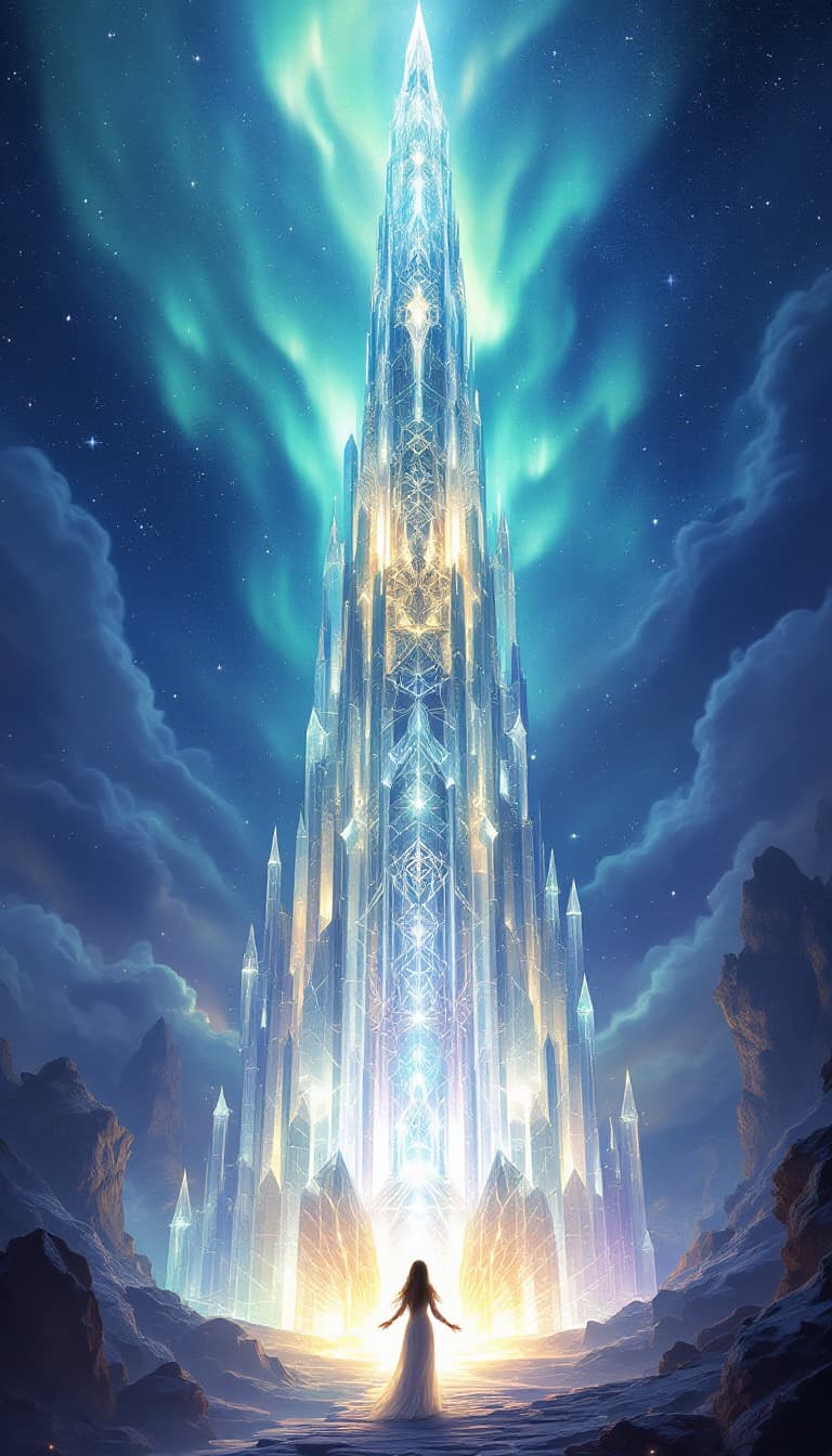 AI generated: Architectural Fantasy: The Crystal Weaver's Tower, a sprawling digital illustration of a towering cr...