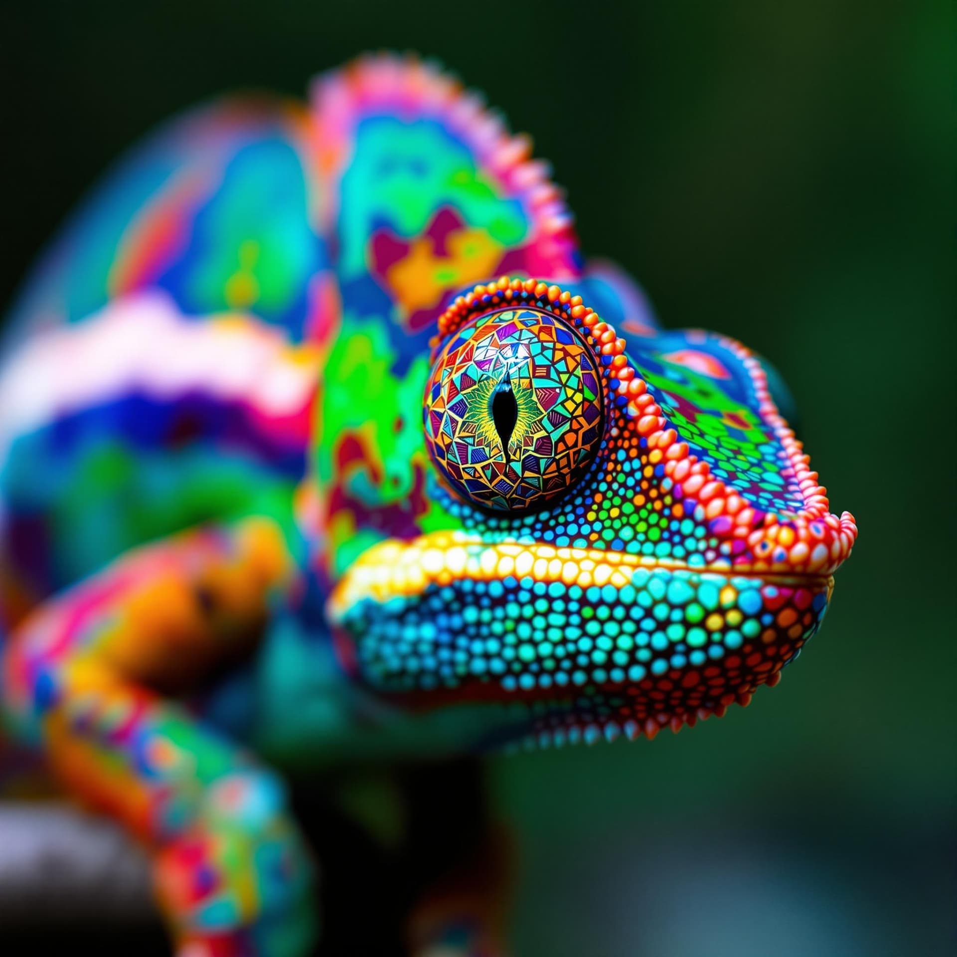 AI generated: The image features a close-up view of a colorful chameleon perched on a branch. The chameleon is viv...