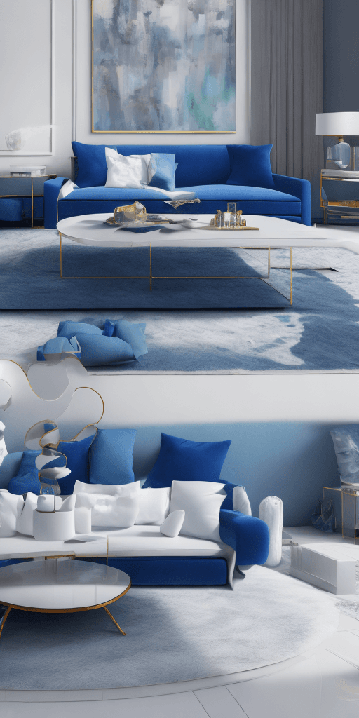 AI generated: Photorealistic, 4k, high resolution, high detail, luxury, living room with a blue couch and a white ...