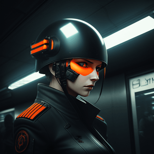 AI generated: the flying helmet is in the subway station, in the style of futuristic cyberpunk, tilt-shift lenses,...