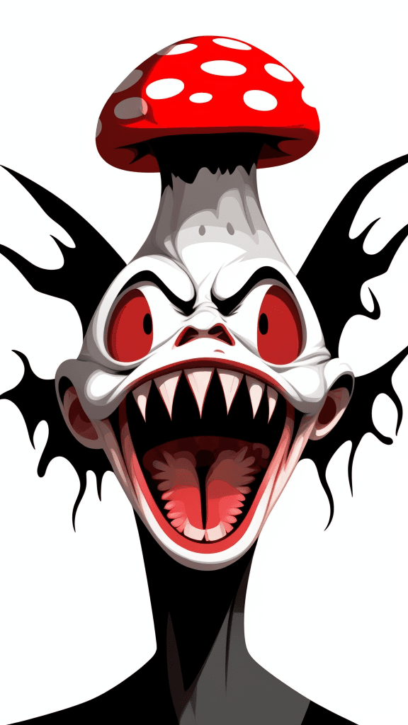 AI generated: vector horror art on the white background, a screaming crazy anthropomorphic evil mushroom with Knif...