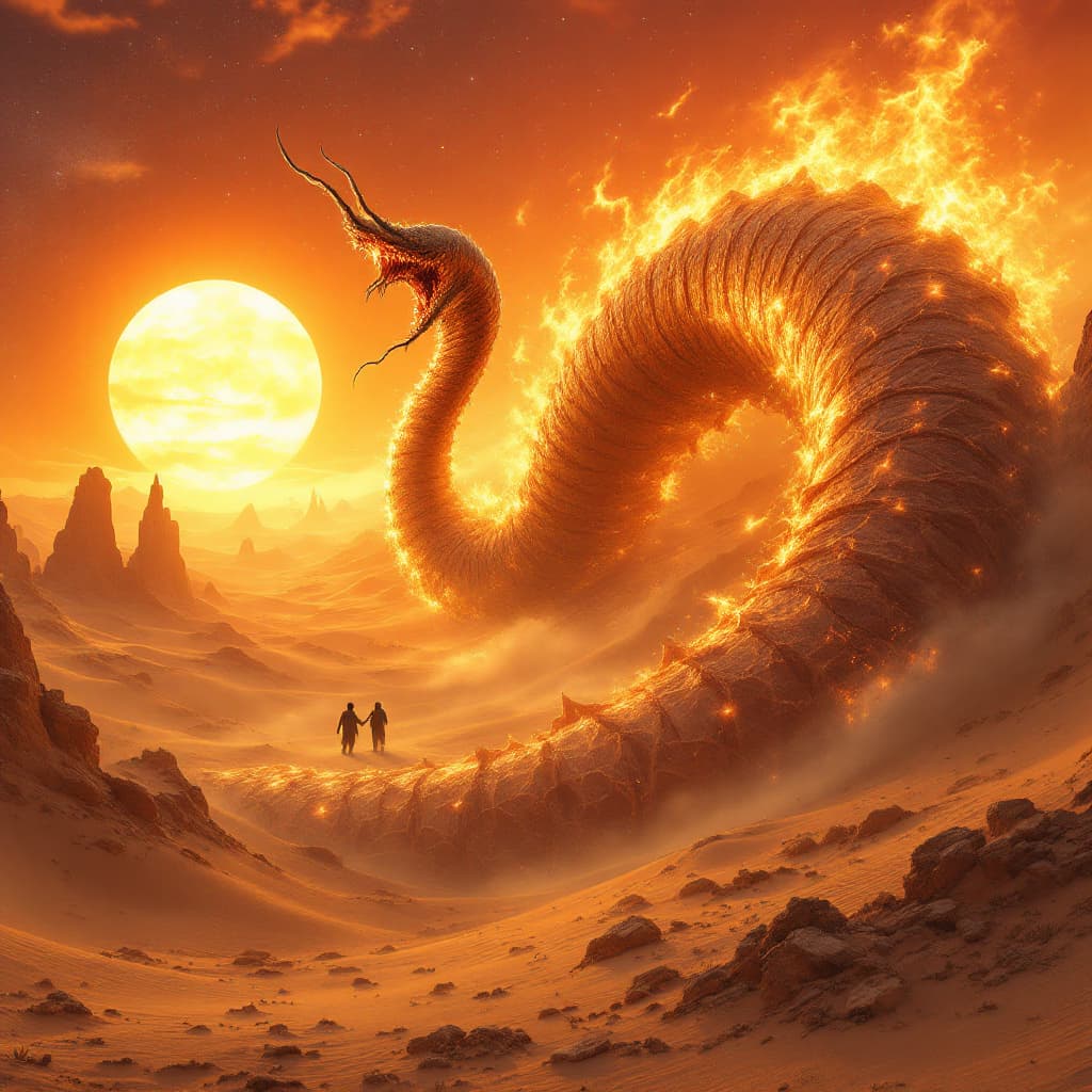 AI generated: 
colossal sandworm bursting from dunes under twin suns --v 7 --ar 3:2 --style sci-fi fantasy realism...