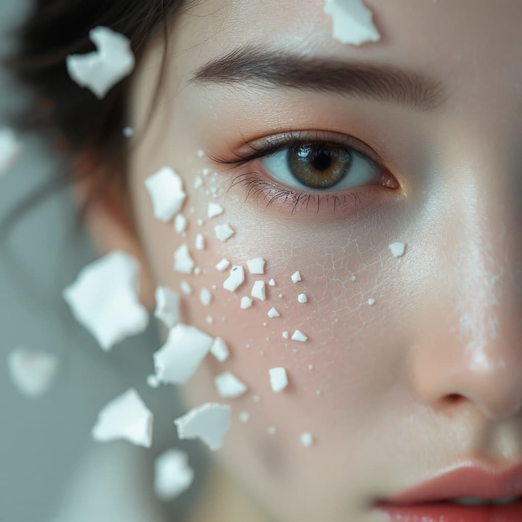 AI generated: beautiful japanese womans skin cracked like  damaged porcelian, piece of broken porcelain falls from...