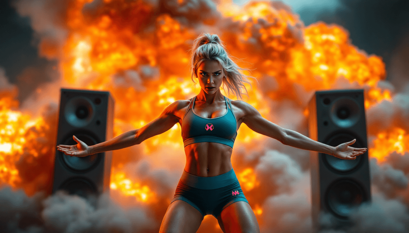AI generated: Energetic female figure, mid-20s, light blonde hair, athletic build, wearing dark teal sports bra an...