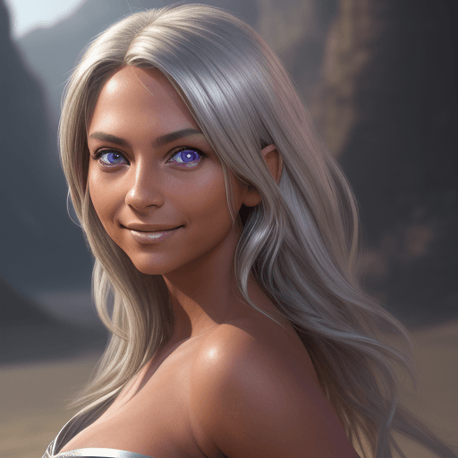 AI generated: High resolution. tanned skin woman , silver blonde hair violet eyes , chagrin smile, mid 20's. super...