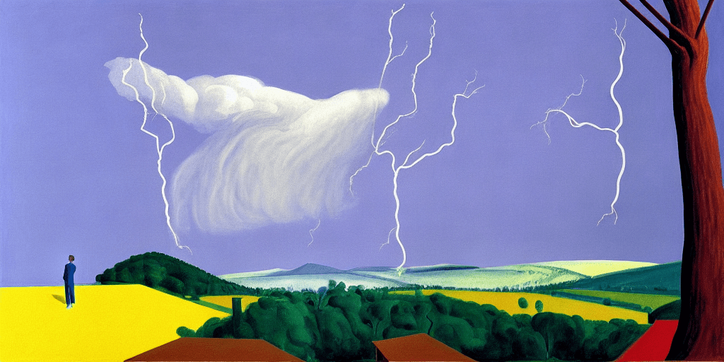AI generated: Painting by David Hockney, Neo rauch, edward hopper,

a god with bolts, a sky during a snowstorm,

