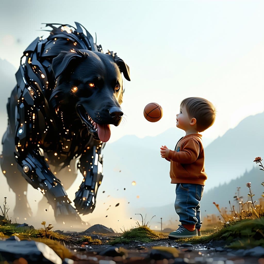 AI generated: A small child playing fetch with a massive friendly giagntic dog, they are friends --chaos 25 --ar 4...