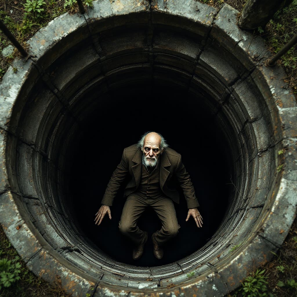AI generated: top camera angle - taking shot of the depth of an old man lying horizontaly  inside an old deep well...