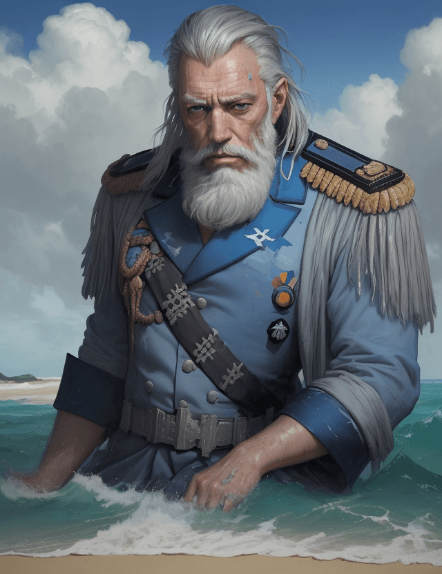 AI generated: A deranged male admiral, grey hair and beard, in torn  blue uniform abandoned on a tropical beach by...