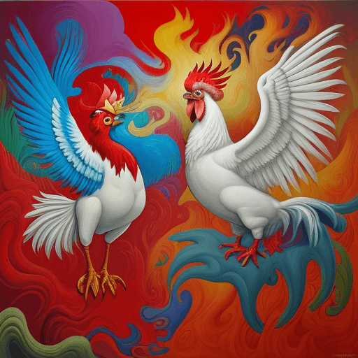 AI generated:  a psychedelic surrealist painting of a red rooster fighting mid air with white rooster, surreal, dr...