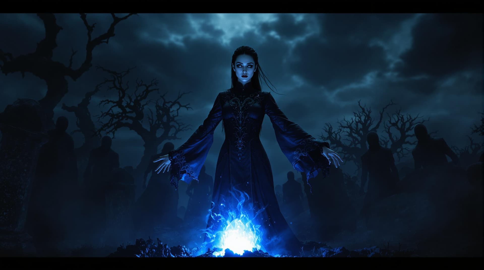 AI generated: A haunting graveyard scene at night, where a group of individuals in dark attire gather around a glo...