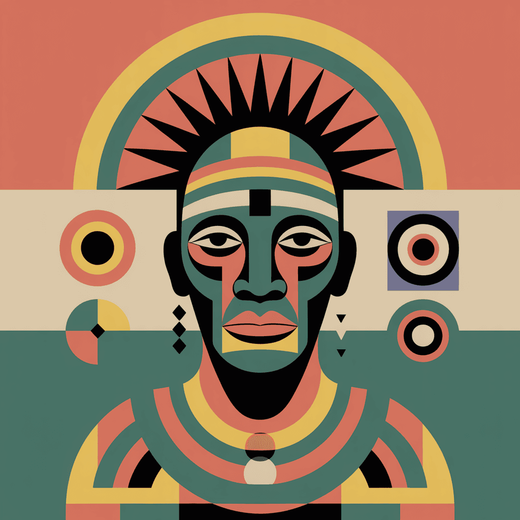 AI generated: Develop a digital art piece inspired by primitivism. This work should incorporate abstract symbols, ...