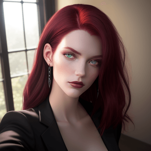 AI generated: photo featuring a model for a selfie, burgundy red hair color, dark emerald-colored eyes, deep gaze,...