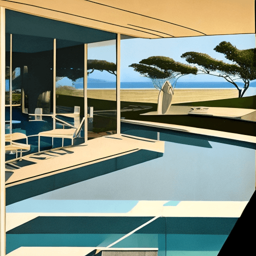 AI generated: Hyper realistic eye level exterior photo of a mid century modern style house overlooking the ocean, ...