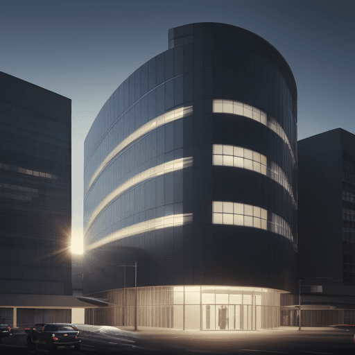 AI generated: photorealistic, canon EOS 5d, minimalistic medium scale office building, curved, geometric shaped ou...