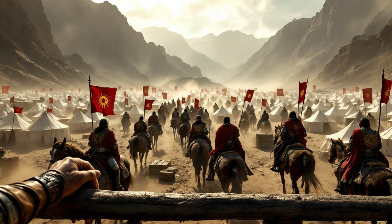AI generated: Subject: Multiple warriors on horseback move through a military encampment, wearing period armor and...