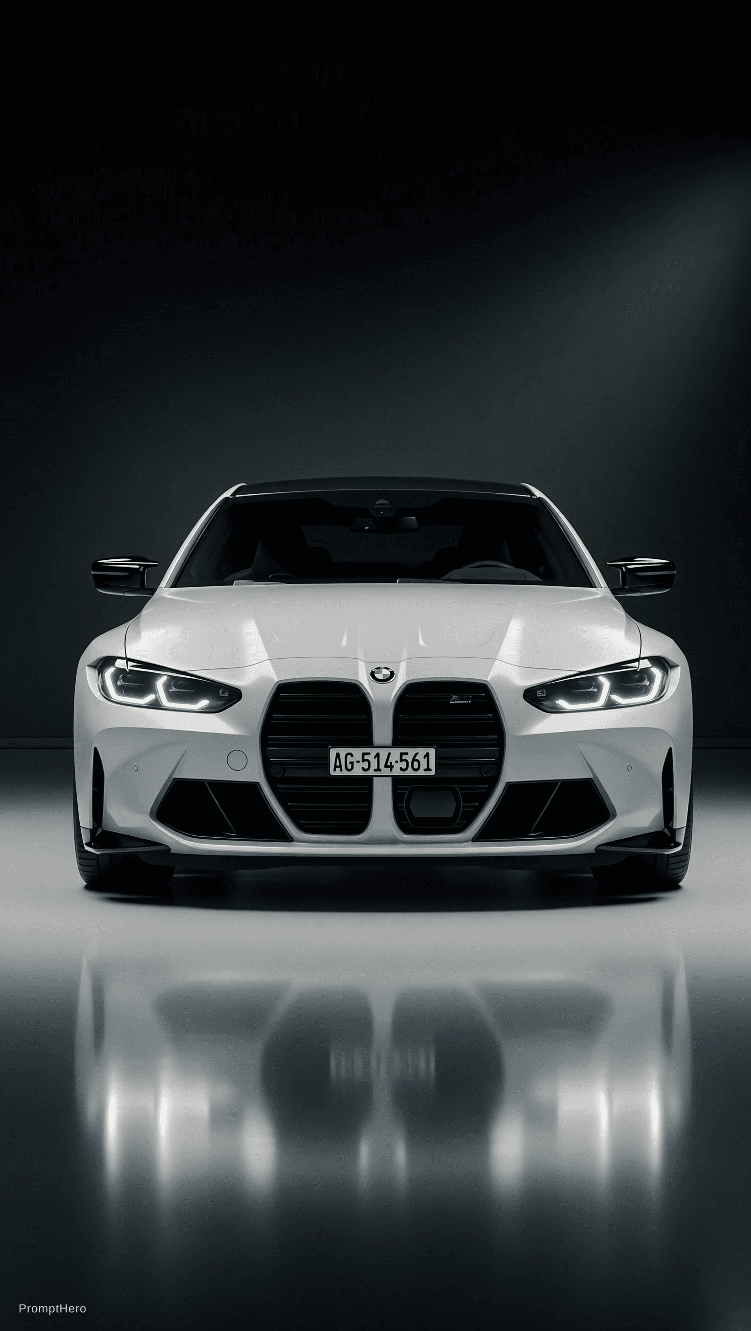 AI generated: Ultra realistic front-facing studio photograph of the same white BMW M4 Competition G82 coupe, cente...