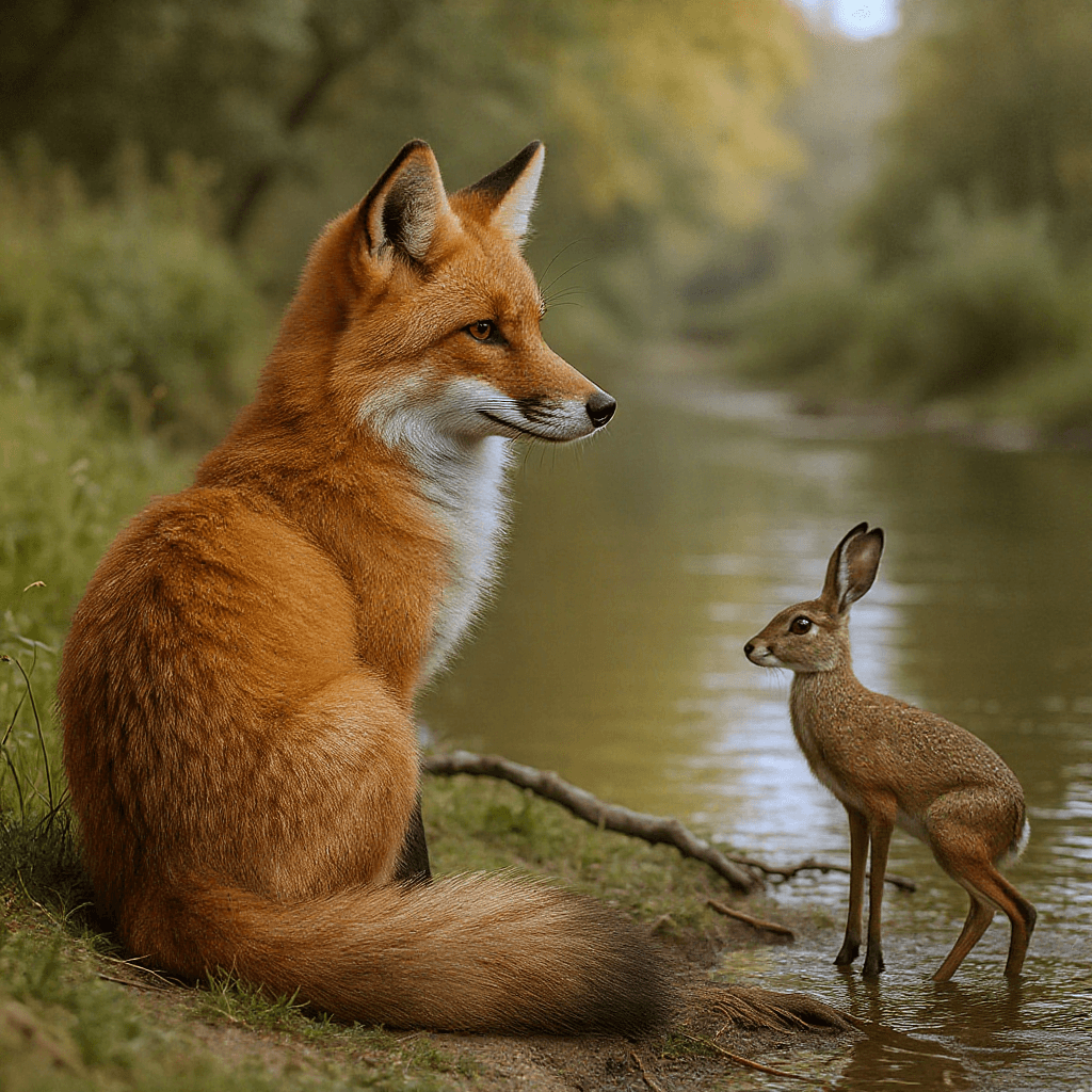 AI generated: A fox sitting  by a river bank looking at the hare. 