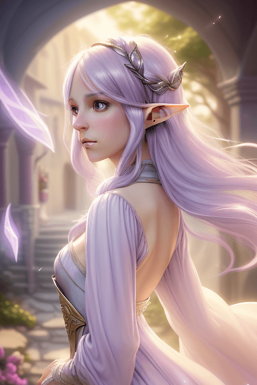 AI generated: award-winning female elf digital art, straight lilac hair, with delicate shimmery details on light-c...